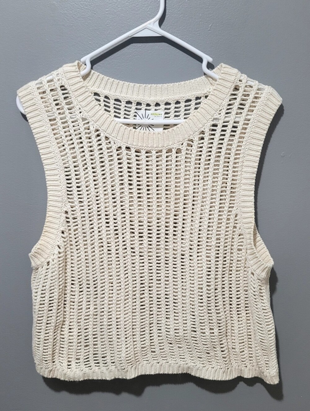 Offline By Aerie Ivory Open Knit Crochet Knit Sleeveless Top Sz Xl